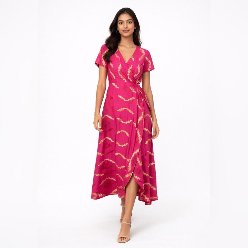 Summer Pink Embroidered Cotton Wrap Midi Boho Dress Size M Vacation Resortwear